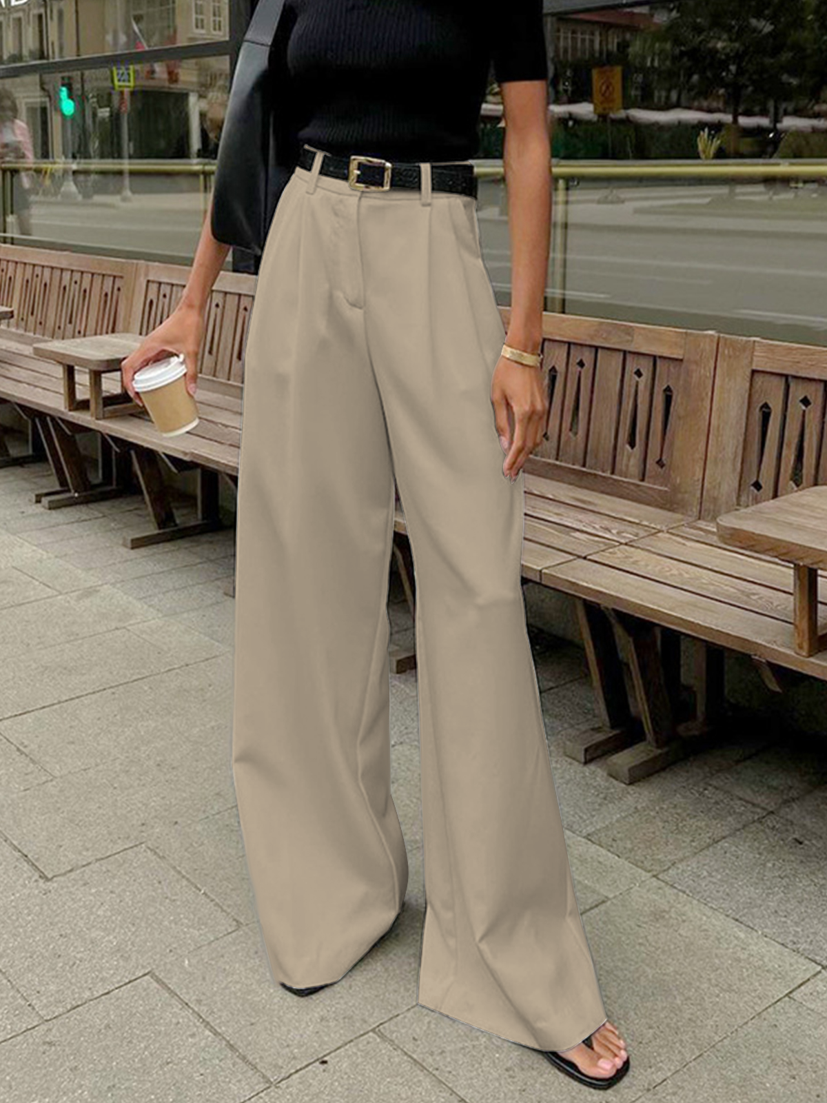 Elysian | Wide Leg Solid Pants Without Belt-Pants-Urban Devyne-Khaki-XS-Urban Devyne