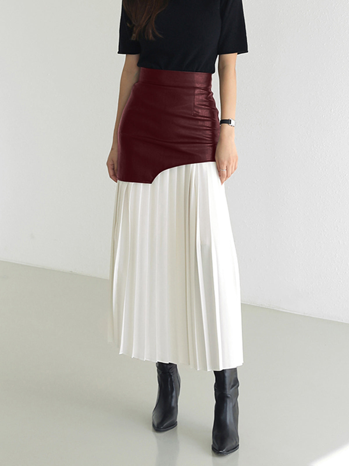 Esme | Asymmetric Pleated Maxi Skirt-Skirts-Urban Devyne-Burgundy-XS-Urban Devyne