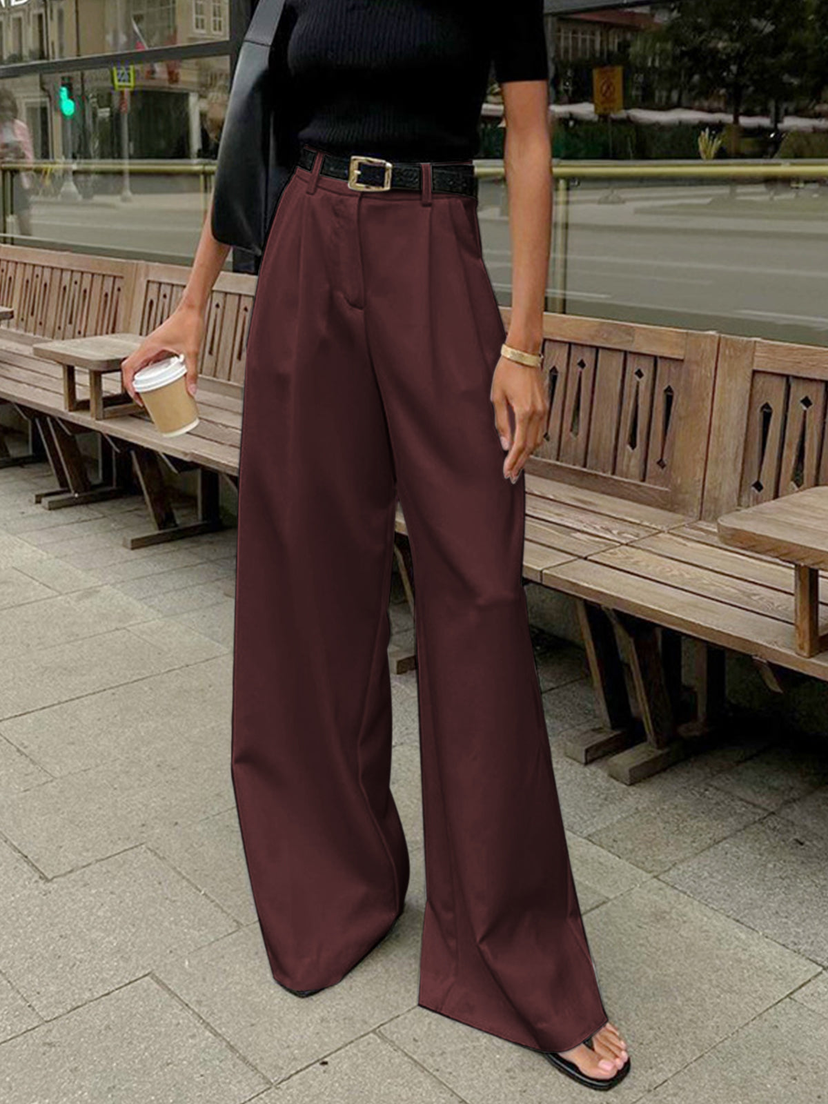 Elysian | Wide Leg Solid Pants Without Belt-Pants-Urban Devyne-Burgundy-XS-Urban Devyne