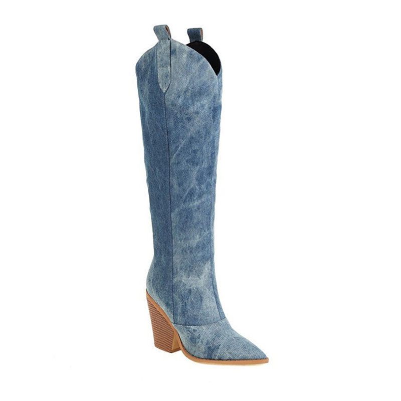 Rae | Pointed Toe Cuban Heel Denim Western Boots-Boots-Urban Devyne-Urban Devyne