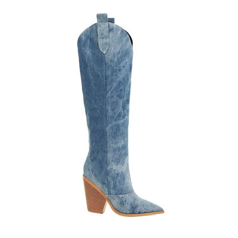 Rae | Pointed Toe Cuban Heel Denim Western Boots-Boots-Urban Devyne-Urban Devyne