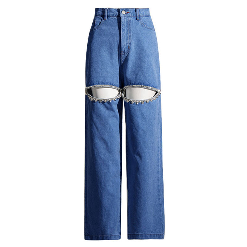 Glint | Crystal Embellished Cutout High-Waist Straight Jeans-Jeans-Urban Devyne-Dark Blue-S-Urban Devyne