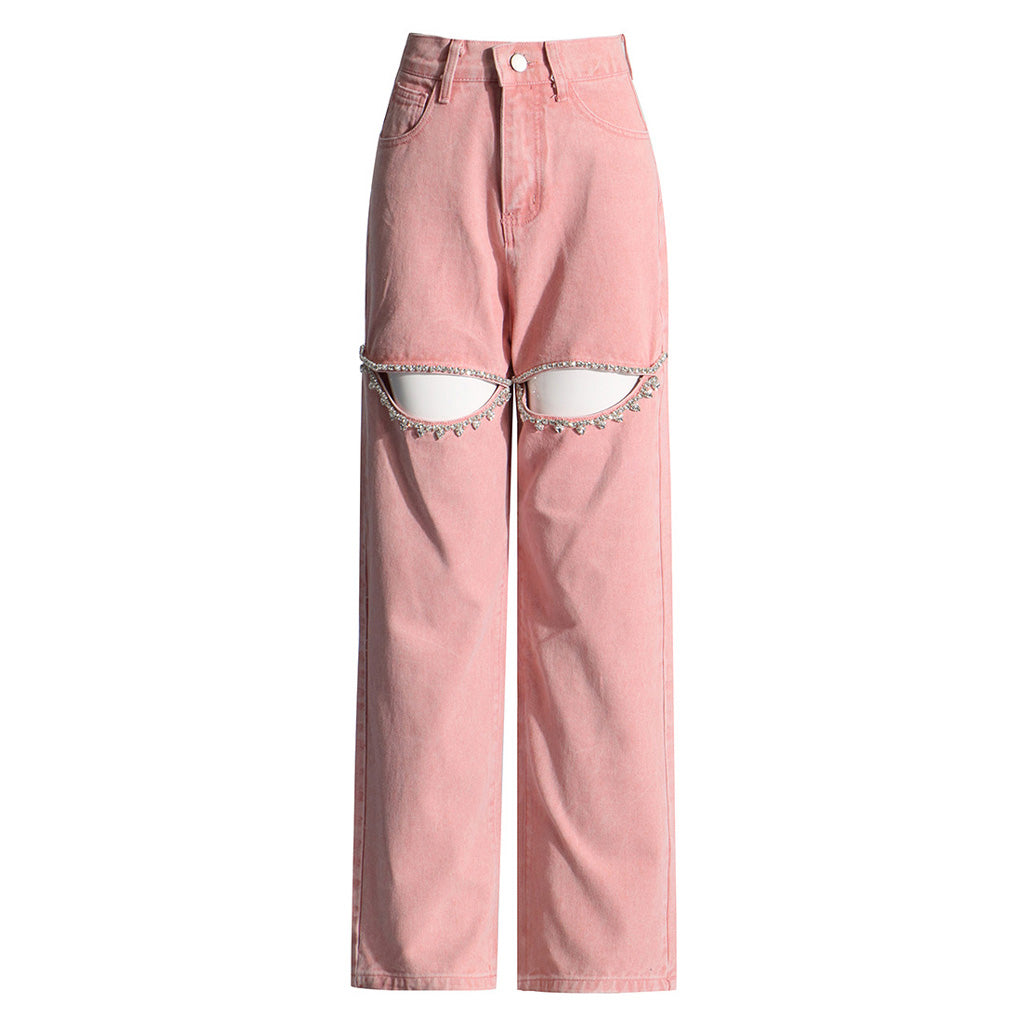 Glint | Crystal Embellished Cutout High-Waist Straight Jeans-Jeans-Urban Devyne-Pink-S-Urban Devyne