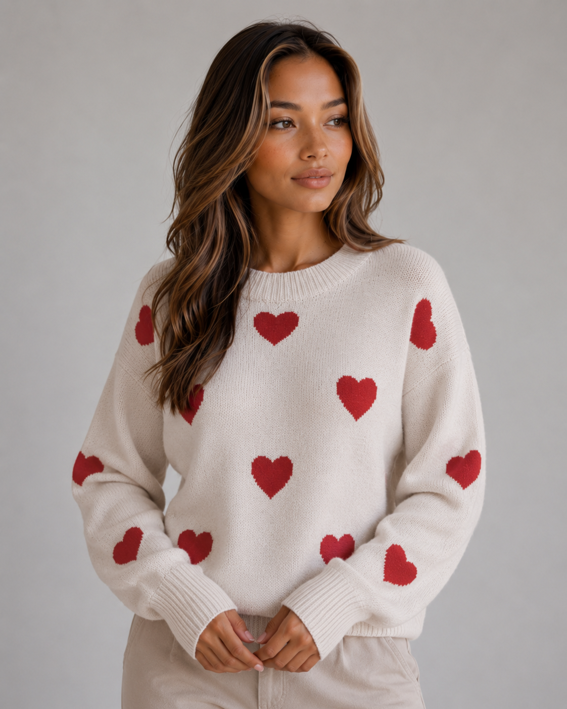 Woman wearing cream crew neck knitted sweater with red heart pattern scattered across front and sleeves