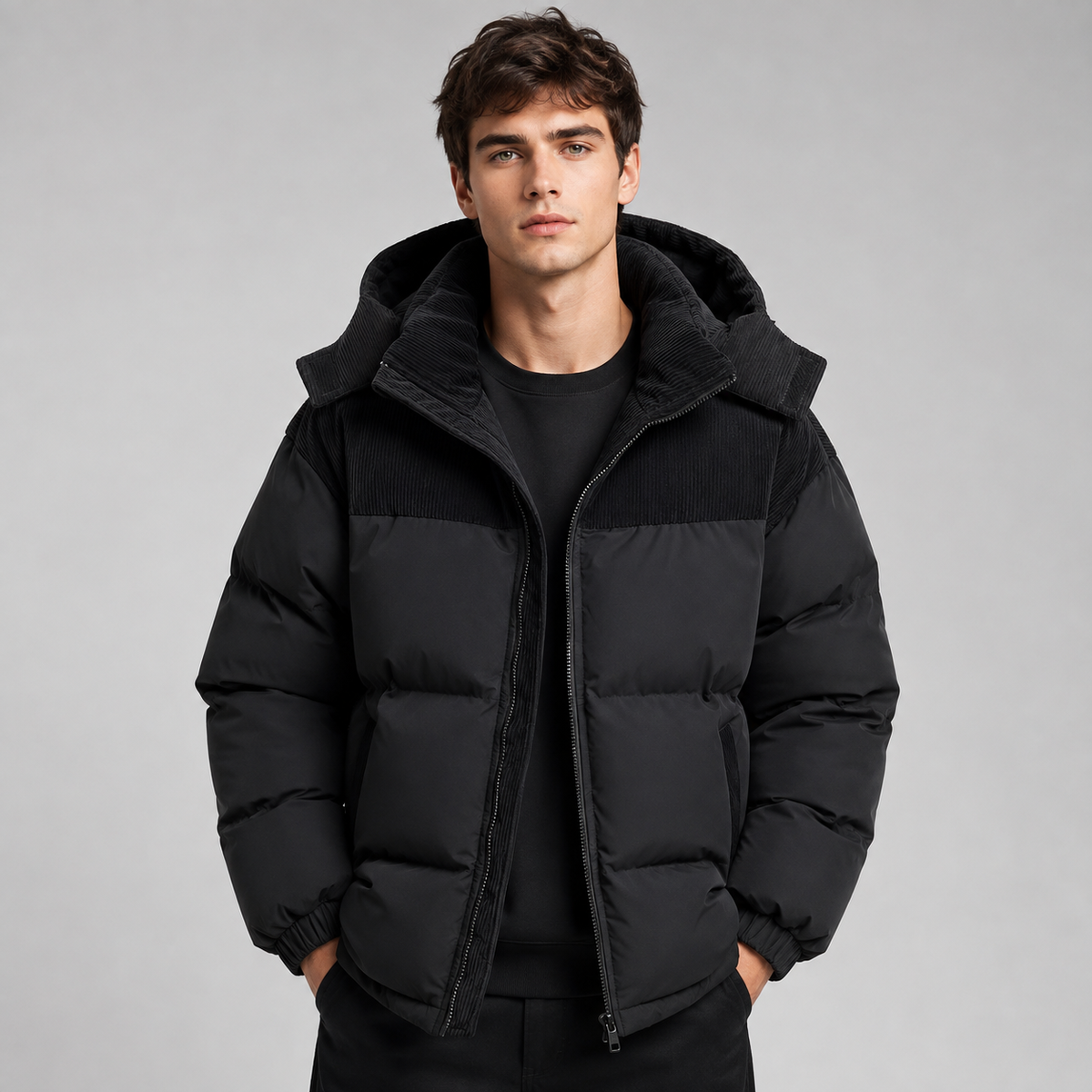 Young man wearing oversized black padded puffer jacket with hood and textured ribbed upper chest, paired with black t-shirt