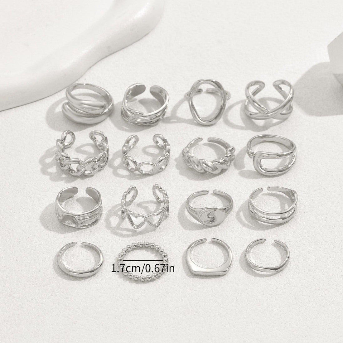 Ebony 16pc Adjustable Geometric Ring Set
