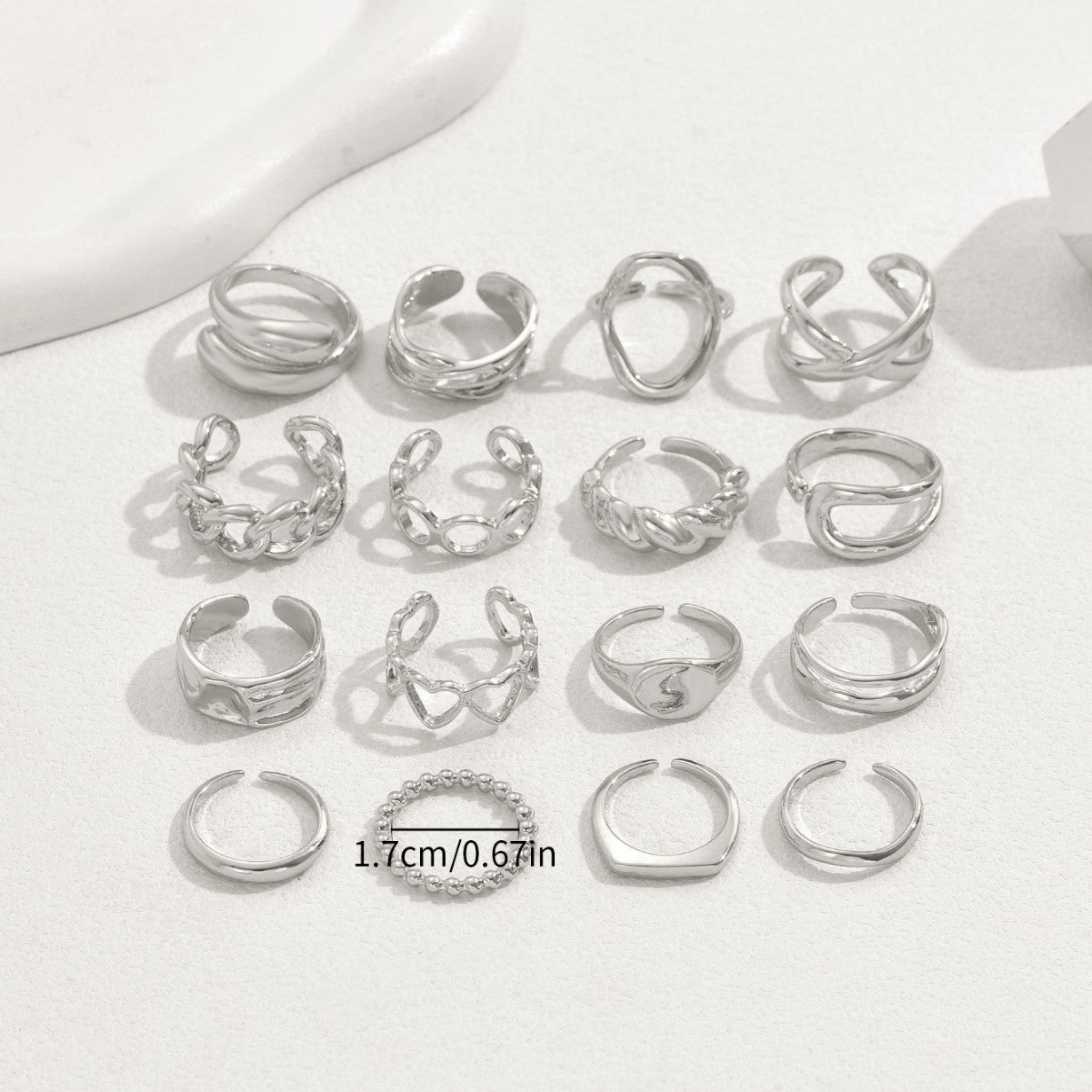 Ebony 16pc Adjustable Geometric Ring Set