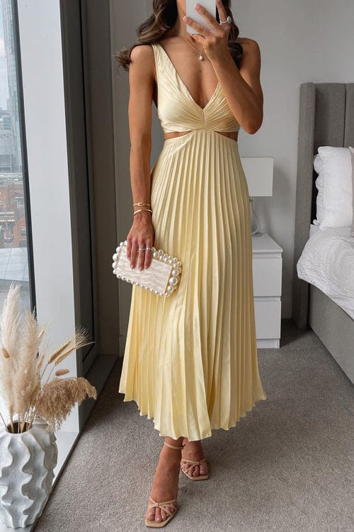 Aelise | Pleated Satin Midi Dress-Midi Dresses-Urban Devyne-Yellow-S-Urban Devyne
