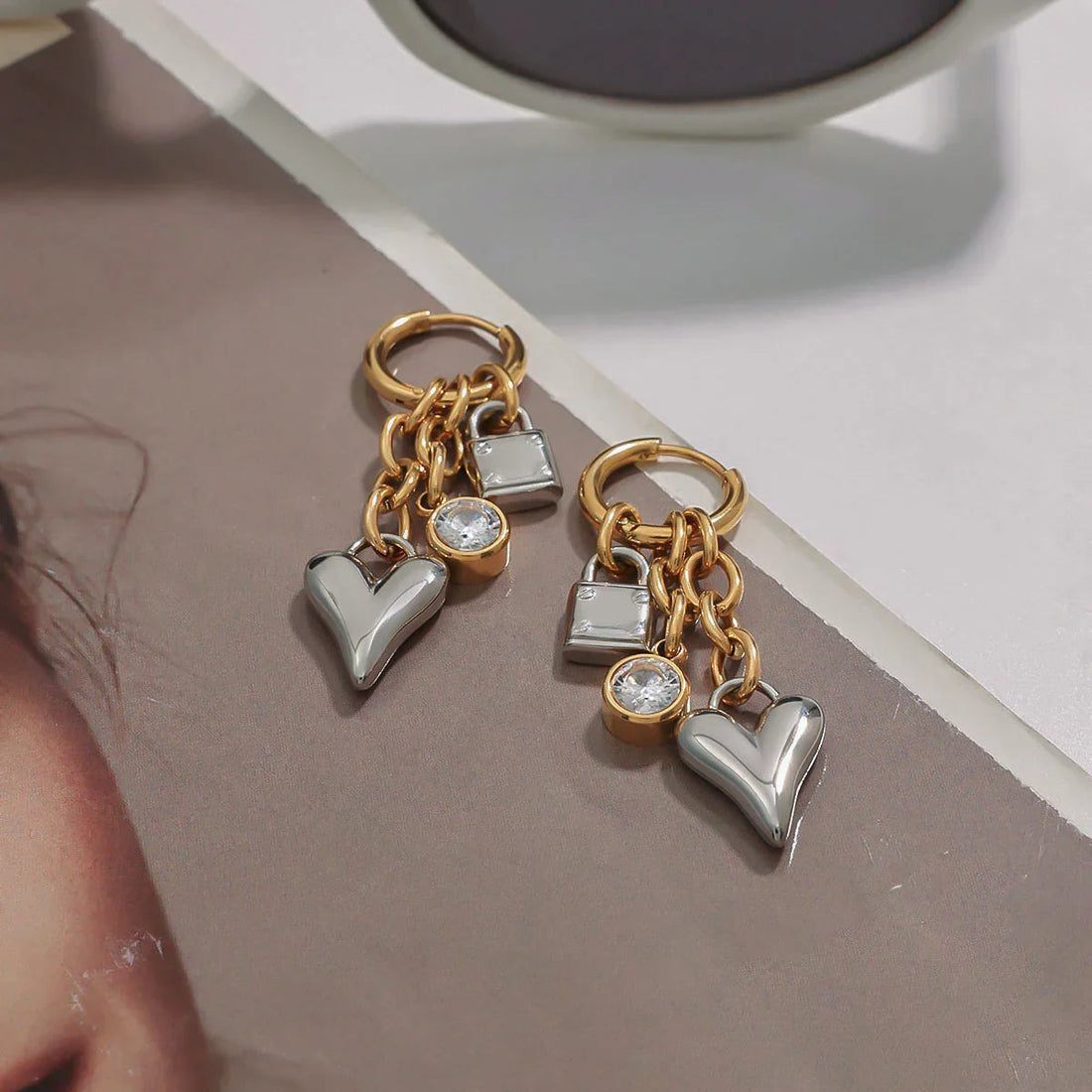 Heart and Lock Gold Earrings