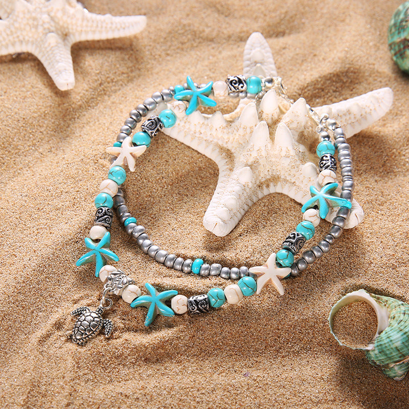 Stella - Turquoise Sea Turtle & Starfish Charm Anklet