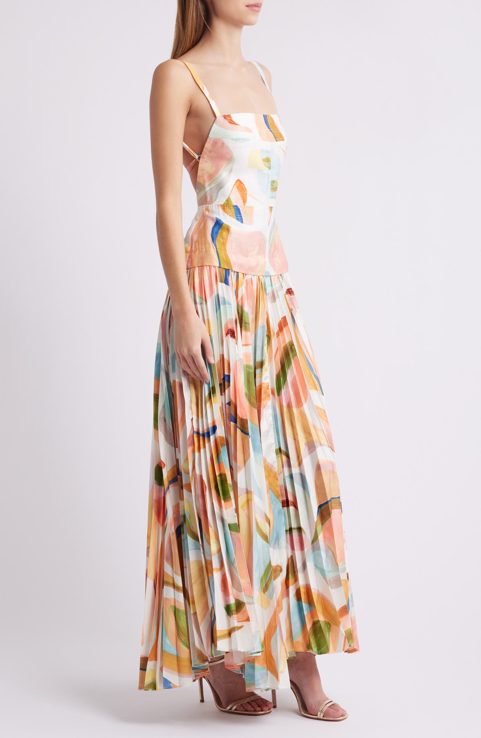 Bloom | Abstract Print Linen Blend Open Back Maxi Dress