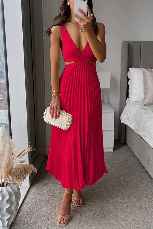 Aelise | Pleated Satin Midi Dress-Midi Dresses-Urban Devyne-Red-S-Urban Devyne