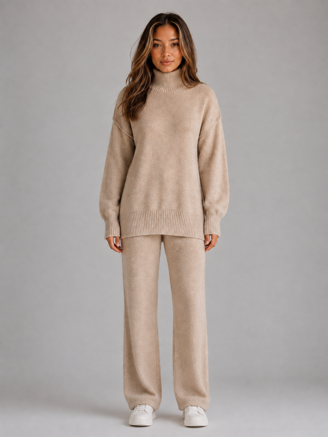 Aspen | Cozy Women's Oversized Knitted Lounge Set with Roll Neck Jumper and Wide Leg Trousers