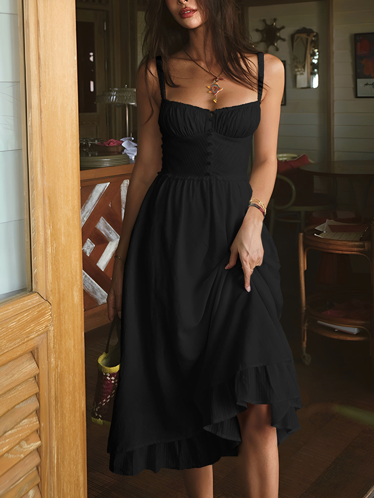 Luna | Plain Midi Dress With Ruffle Hem Cami-Midi Dresses-Urban Devyne-Black-XS-Urban Devyne