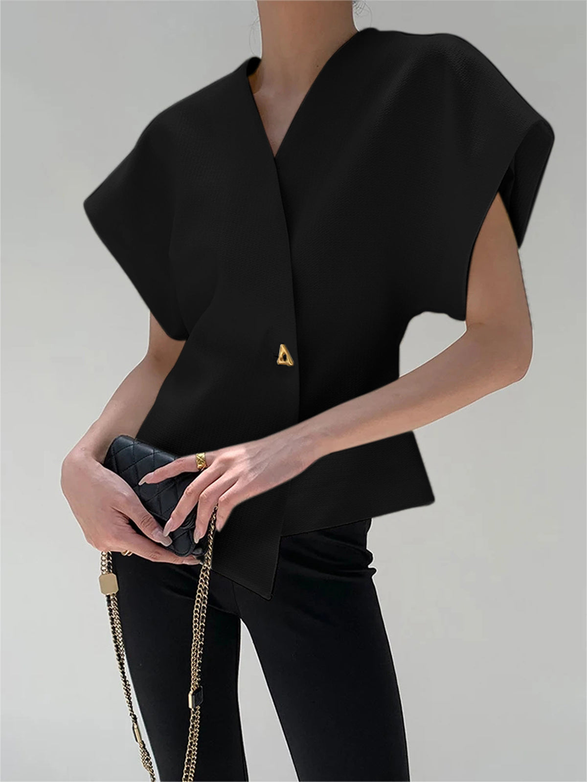 Althea | V‑Neck Button‑Down Blouse-Tops-Urban Devyne-Black-XS-Urban Devyne