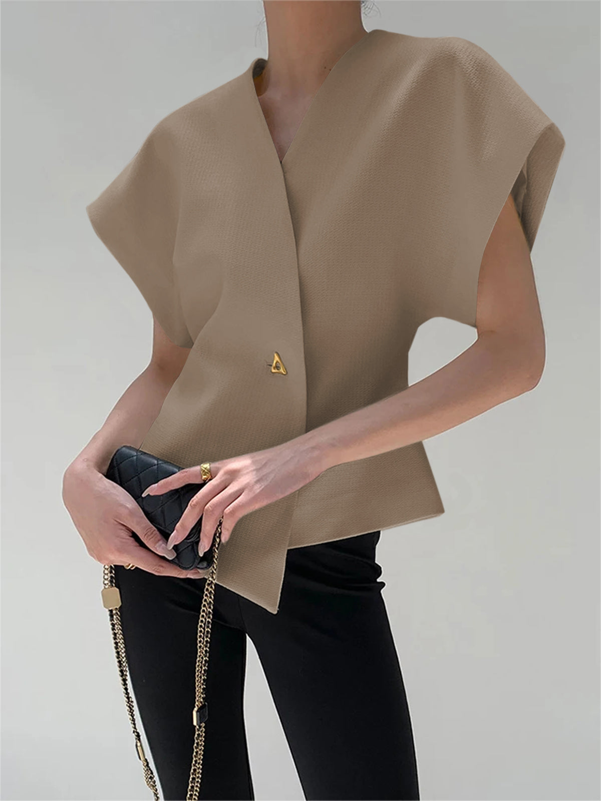 Althea | V‑Neck Button‑Down Blouse-Tops-Urban Devyne-Khaki-XS-Urban Devyne