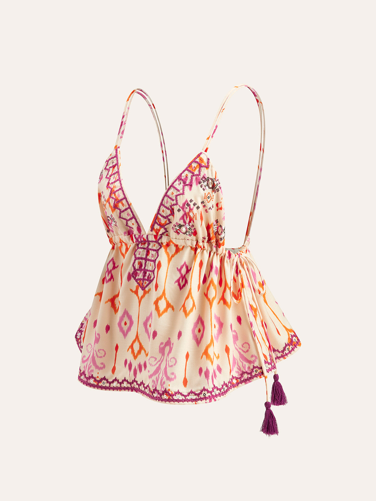 Isla | Embroidered Boho Cami Top with Tassel Tie