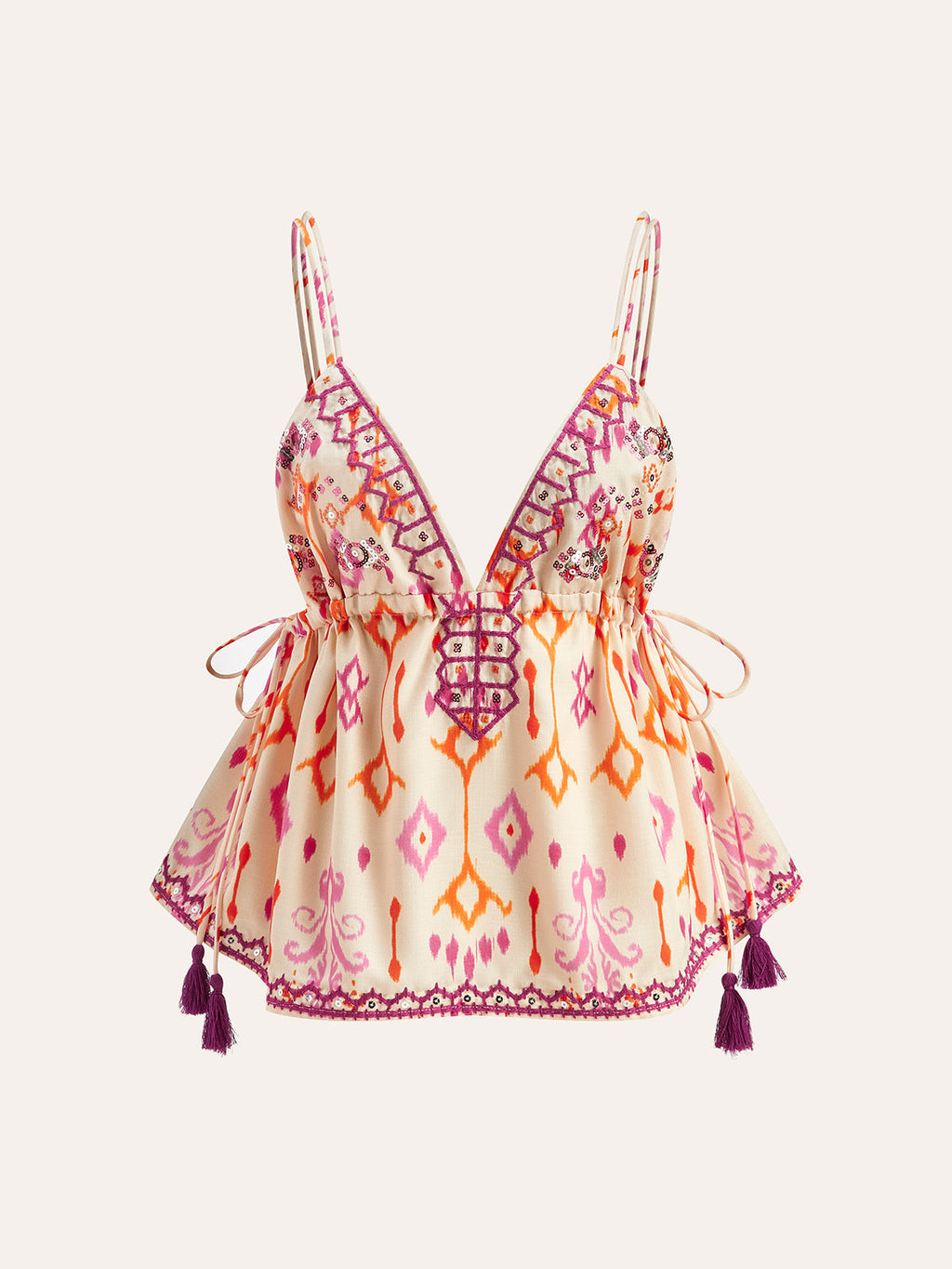 Isla | Embroidered Boho Cami Top with Tassel Tie