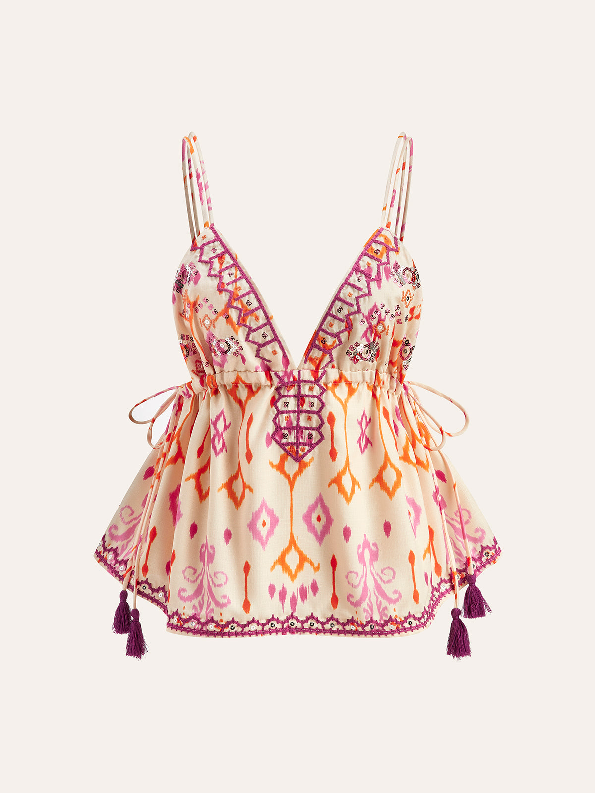 Isla | Embroidered Boho Cami Top with Tassel Tie