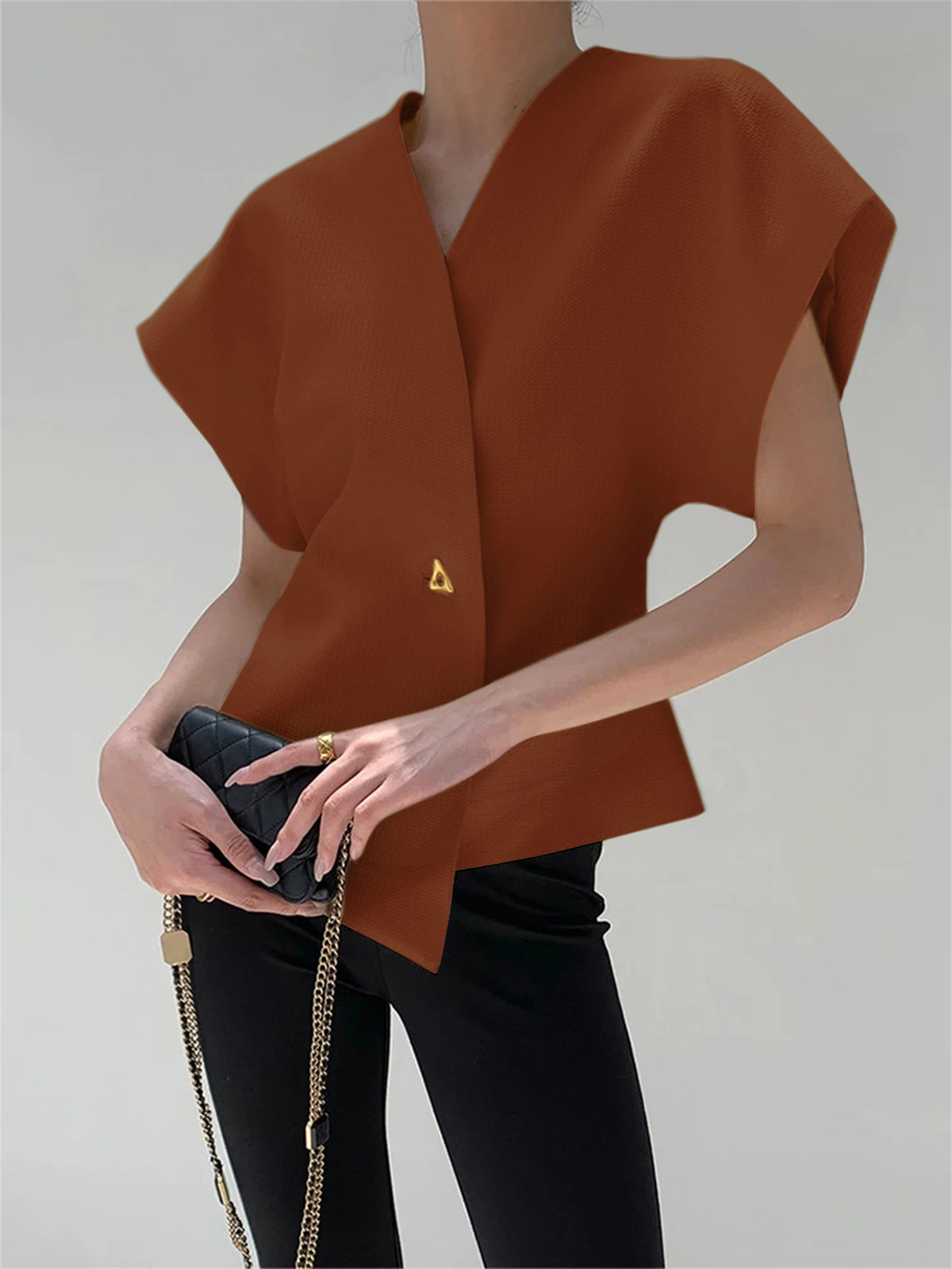Althea | V‑Neck Button‑Down Blouse-Tops-Urban Devyne-Brown-XS-Urban Devyne