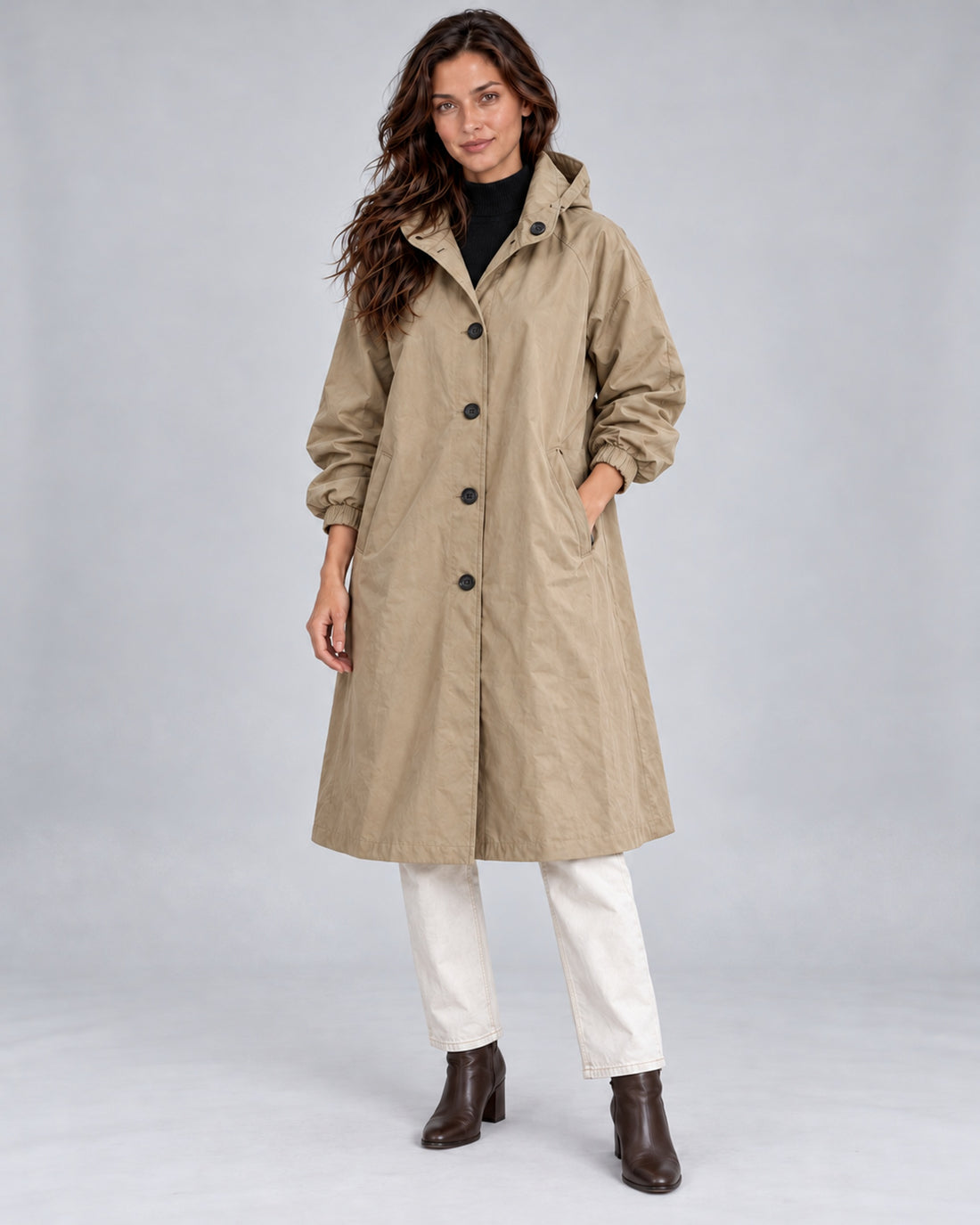 Women's water-repellent hooded trench coat – Brown Buttoned – Andrea