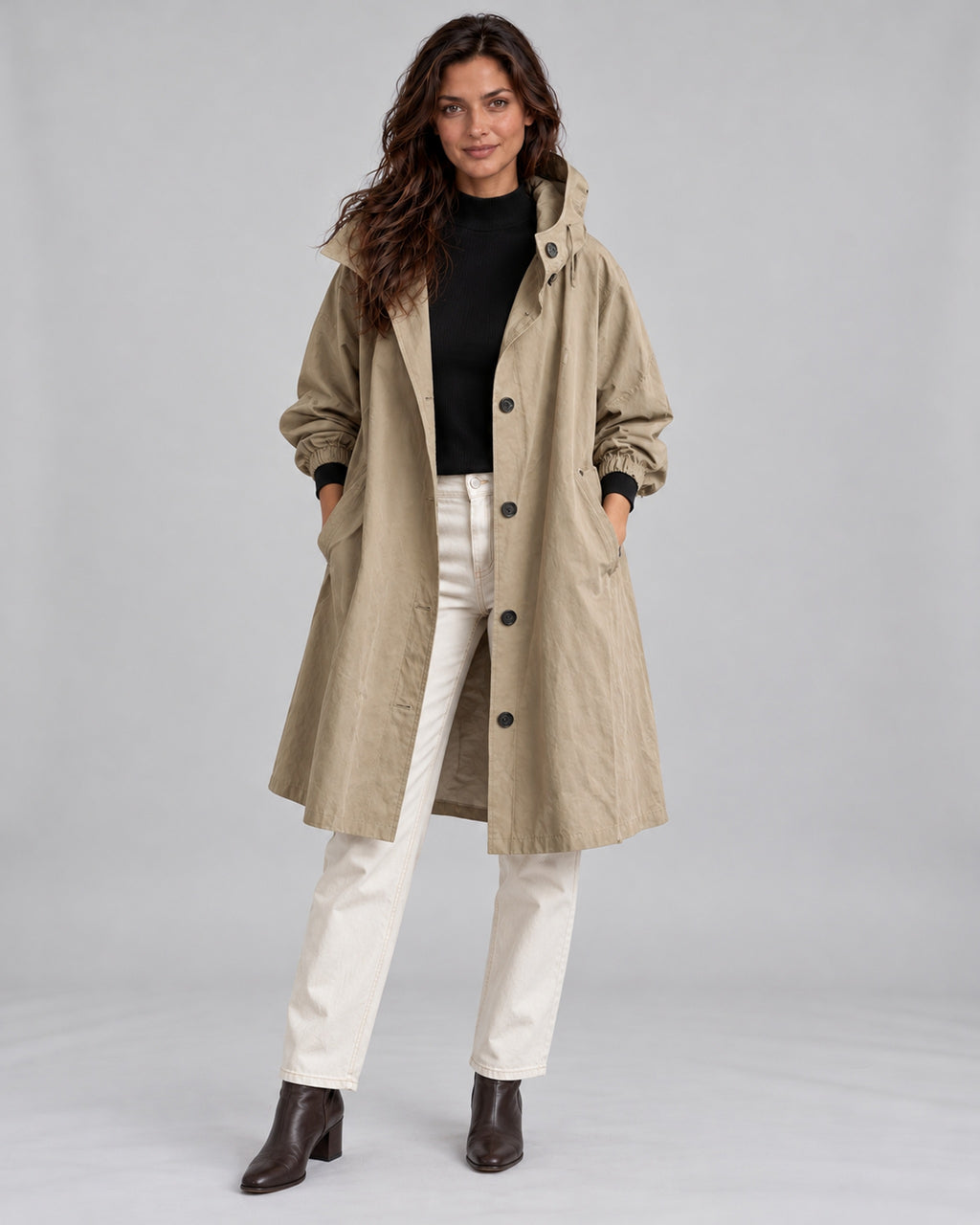Women's water-repellent hooded trench coat – Brown Front – Andrea