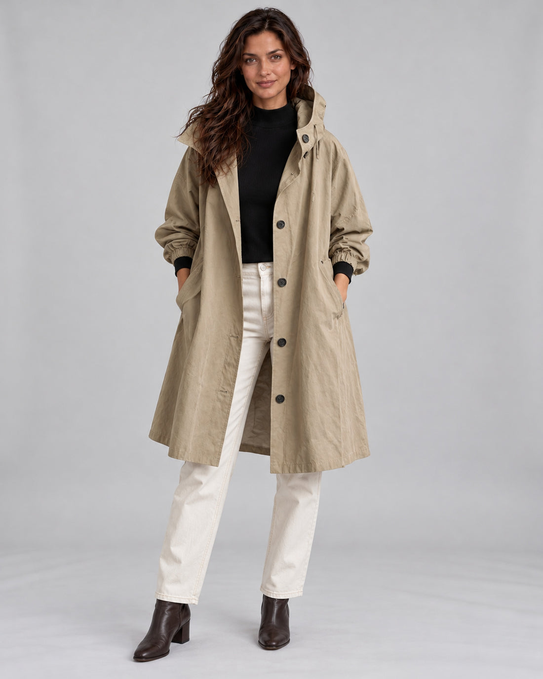 Women's water-repellent hooded trench coat – Brown Front – Andrea