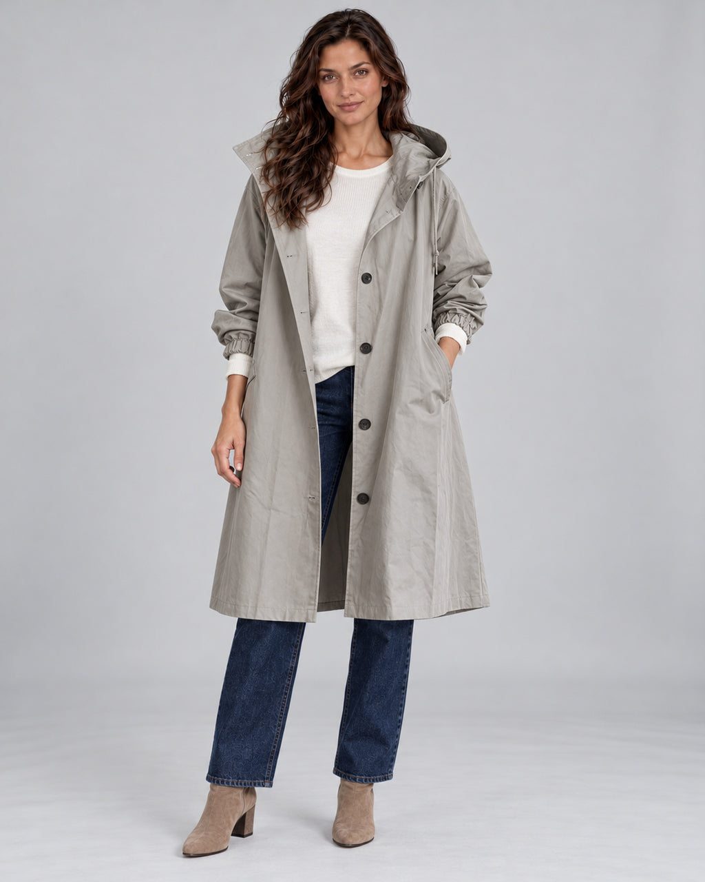 Women's water-repellent hooded trench coat – Gray Front – Andrea