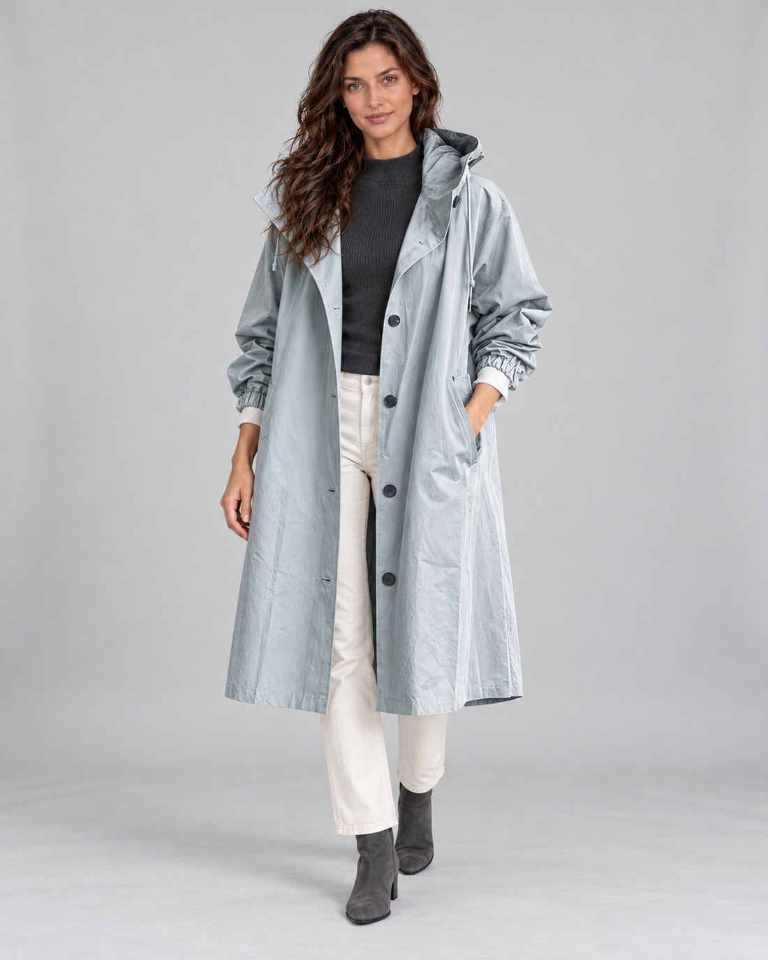 Women's water-repellent hooded trench coat – Light Blue Front – Andrea