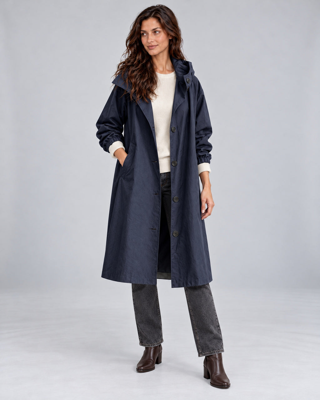Women's water-repellent hooded trench coat – Marine Blue Front – Andrea