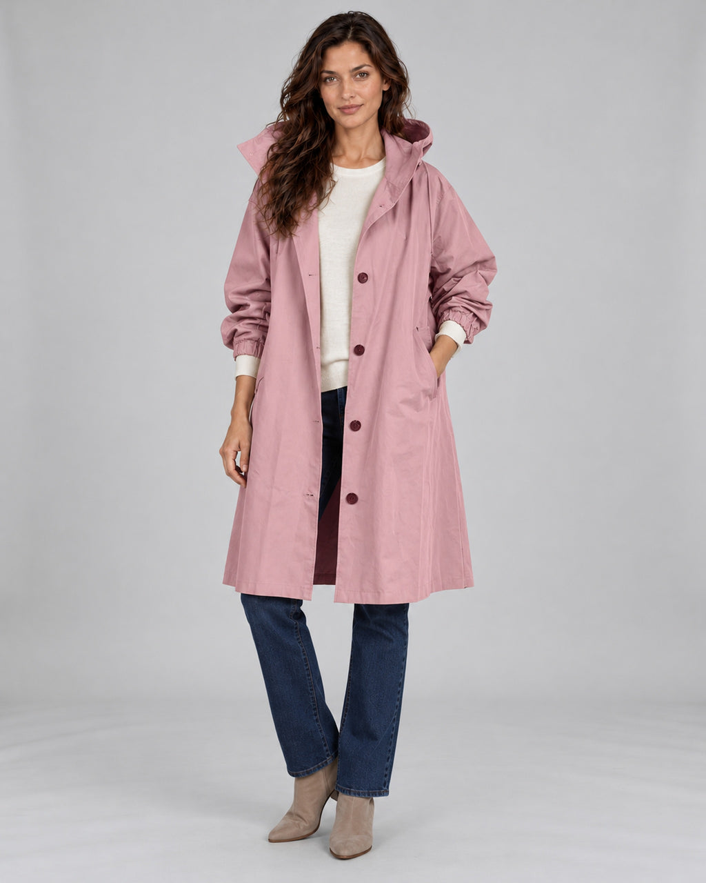 Women's water-repellent hooded trench coat – Pink Front – Andrea