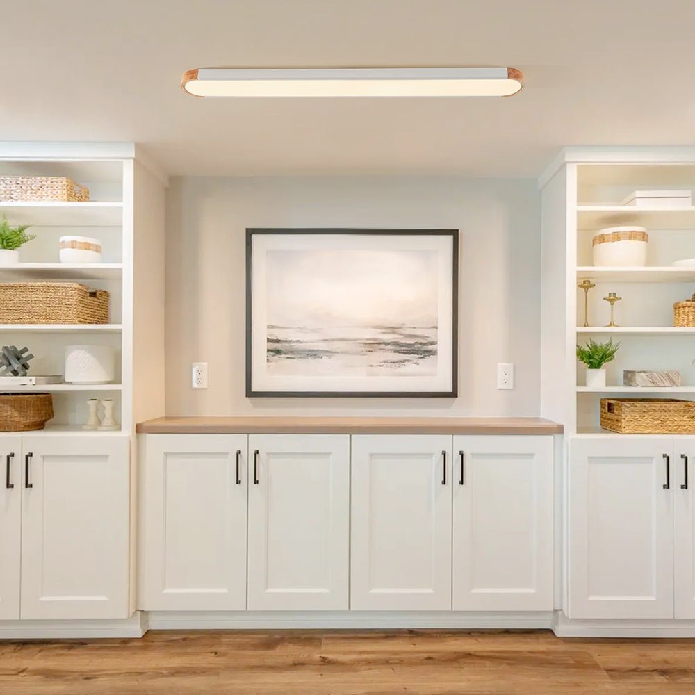 Linear Oval Flush Mount Light in Japandi Wood and Metal Design