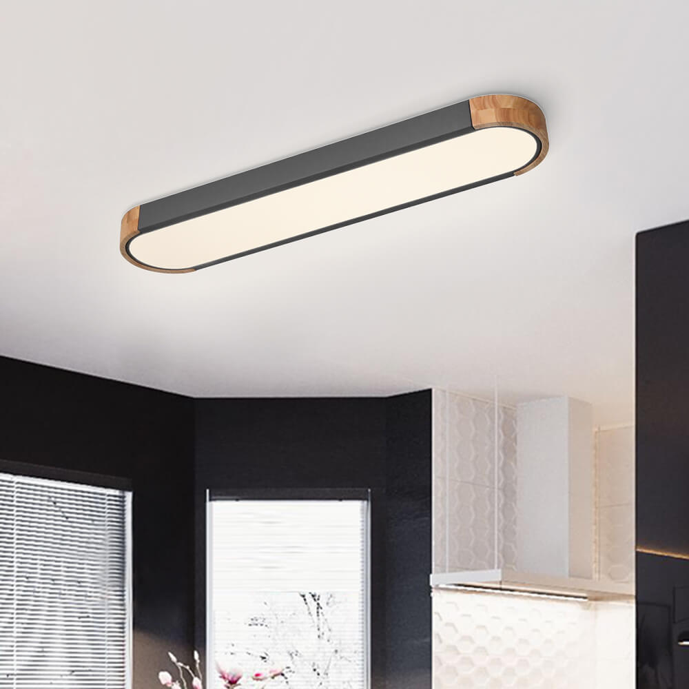 Linear Oval Flush Mount Light in Japandi Wood and Metal Design