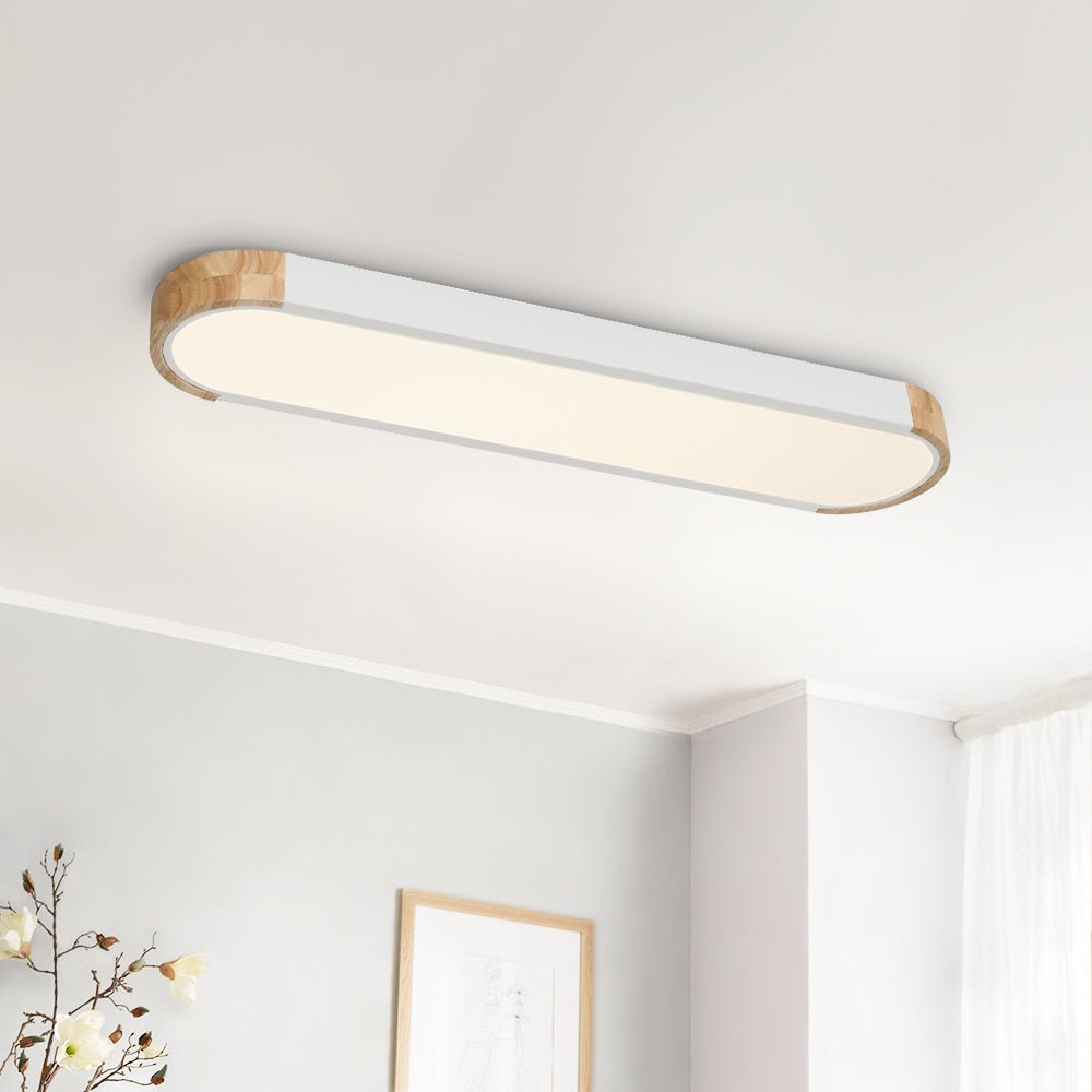 Linear Oval Flush Mount Light in Japandi Wood and Metal Design