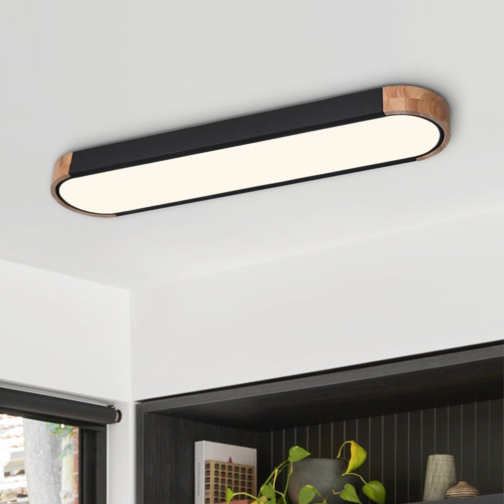 Linear Oval Flush Mount Light in Japandi Wood and Metal Design
