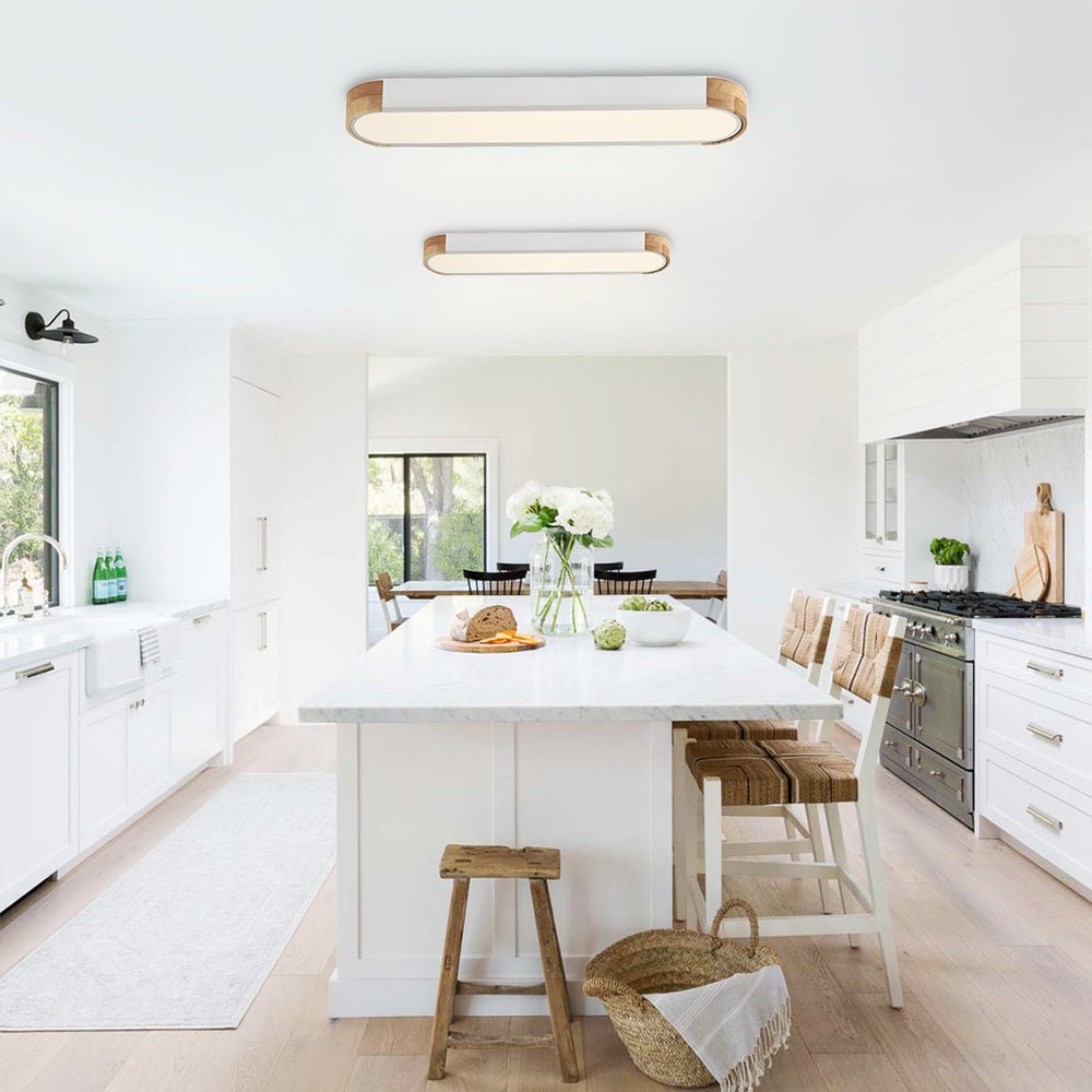 Linear Oval Flush Mount Light in Japandi Wood and Metal Design