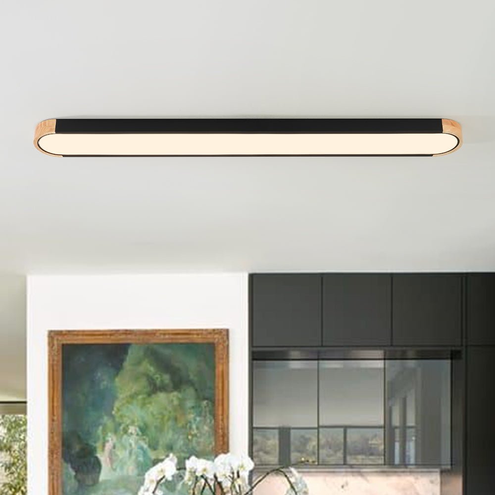 Linear Oval Flush Mount Light in Japandi Wood and Metal Design