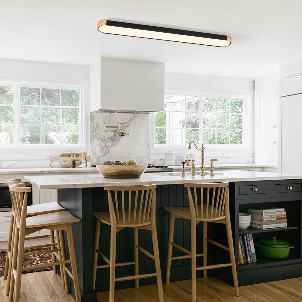 Linear Oval Flush Mount Light in Japandi Wood and Metal Design