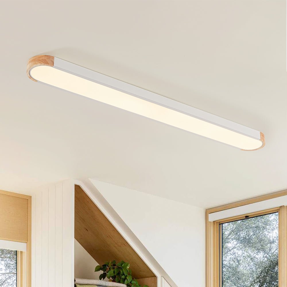 Linear Oval Flush Mount Light in Japandi Wood and Metal Design