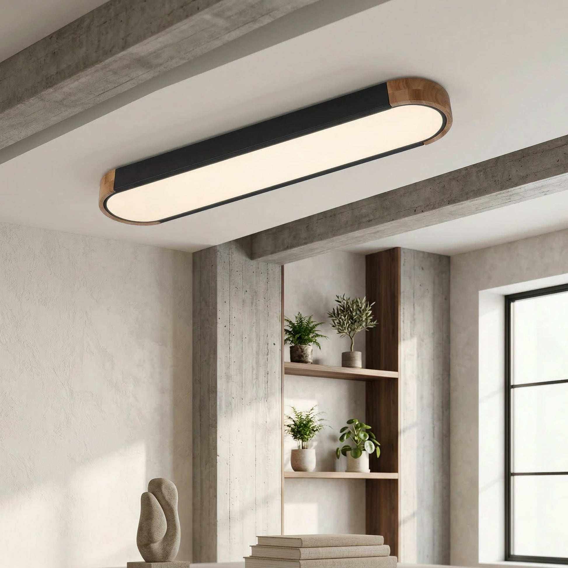Linear Oval Flush Mount Light in Japandi Wood and Metal Design