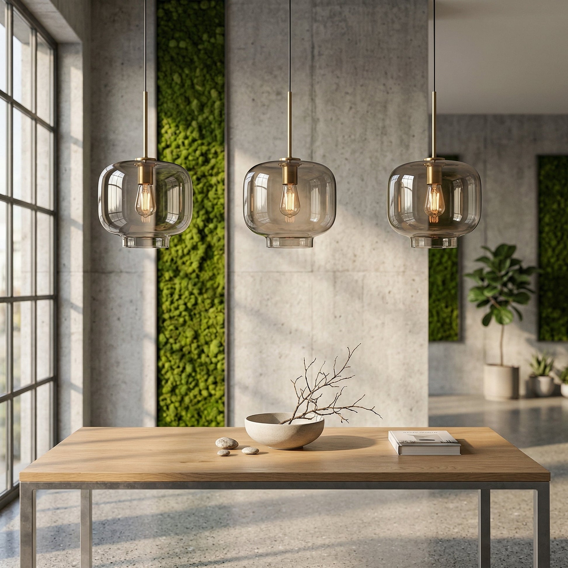 Minimalist Brass & Smoked Glass Pendant Light