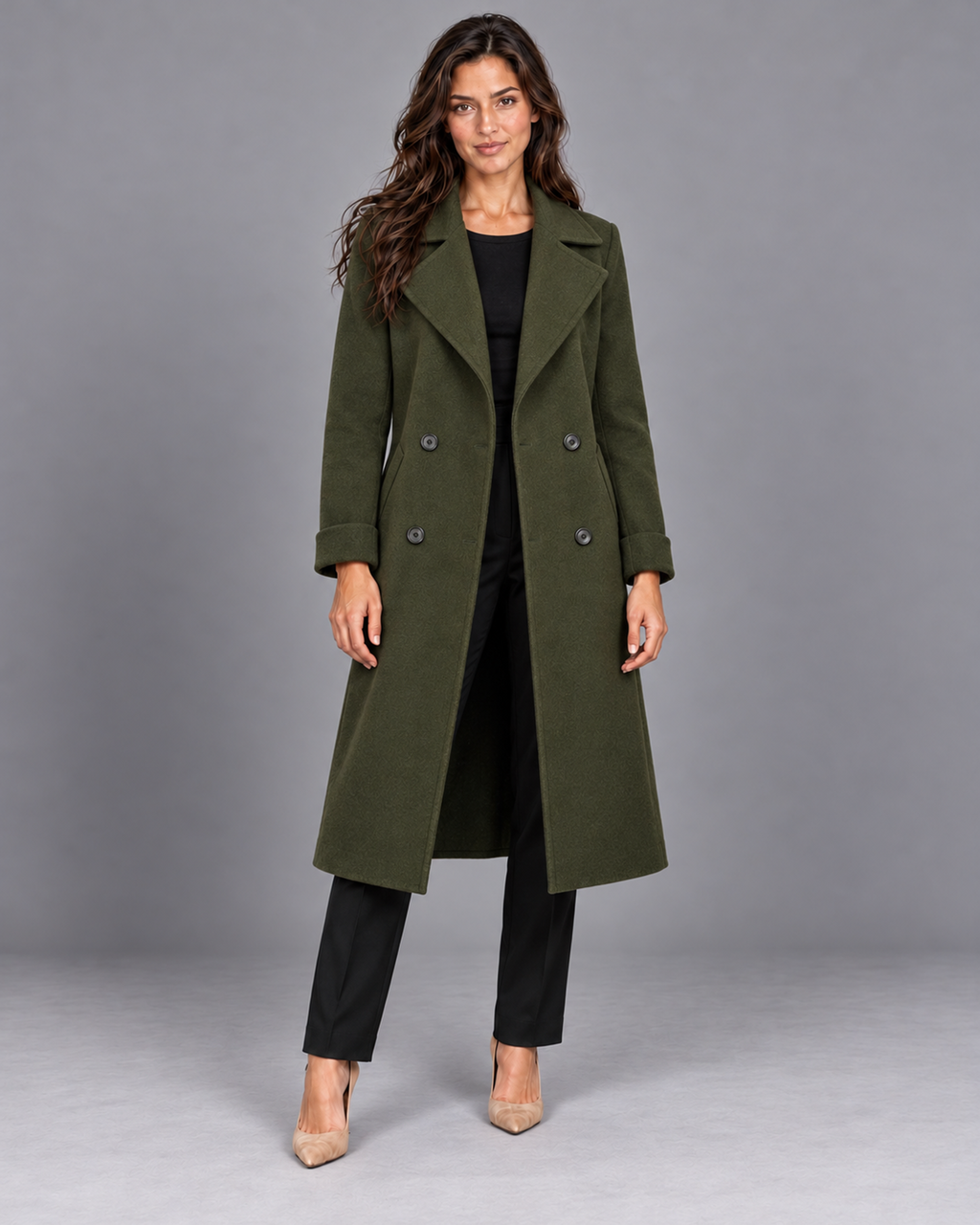 Women's double-breasted trench coat in Olive Green
