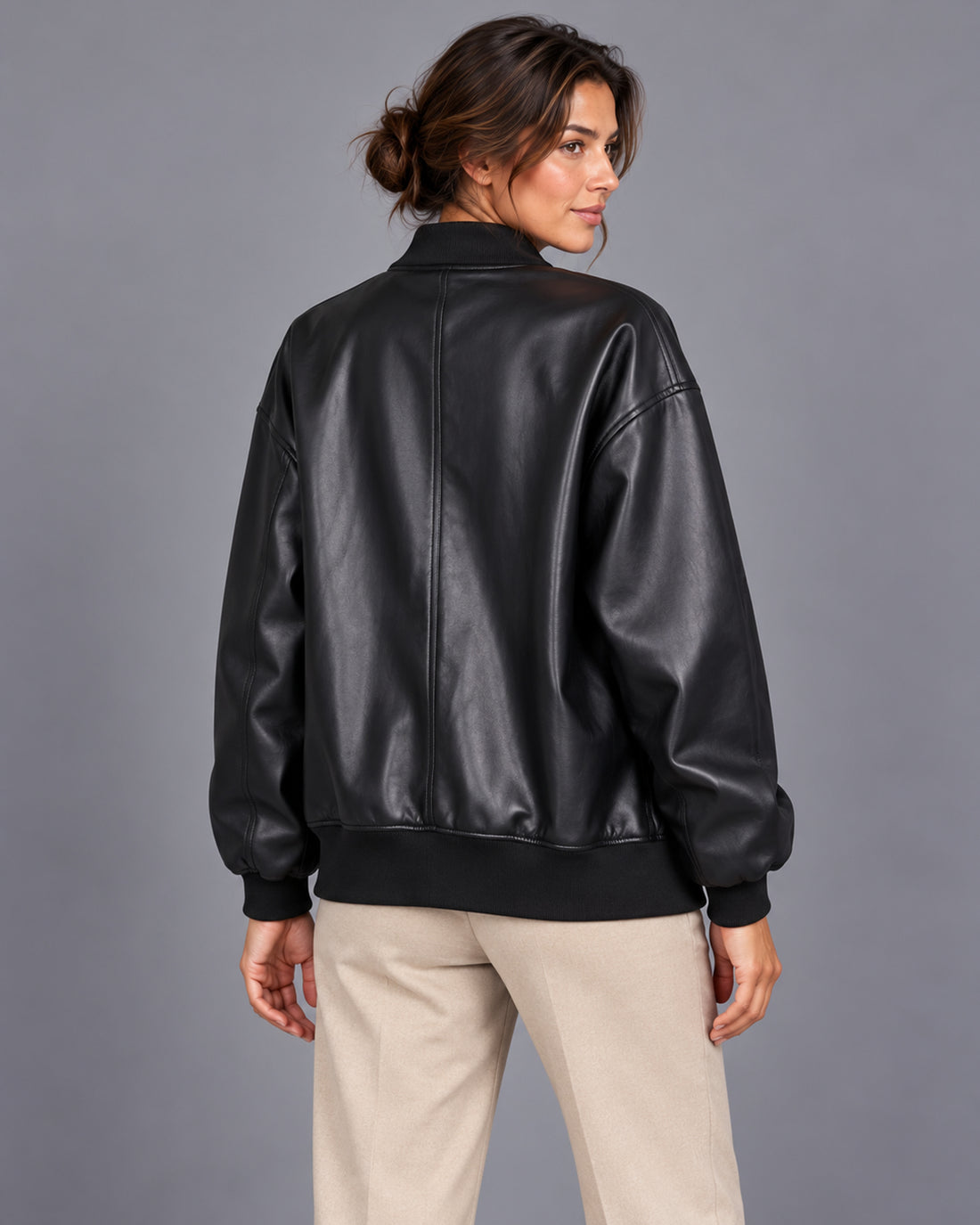 Women's leather bomber jacket with ribbed trim – Black Back