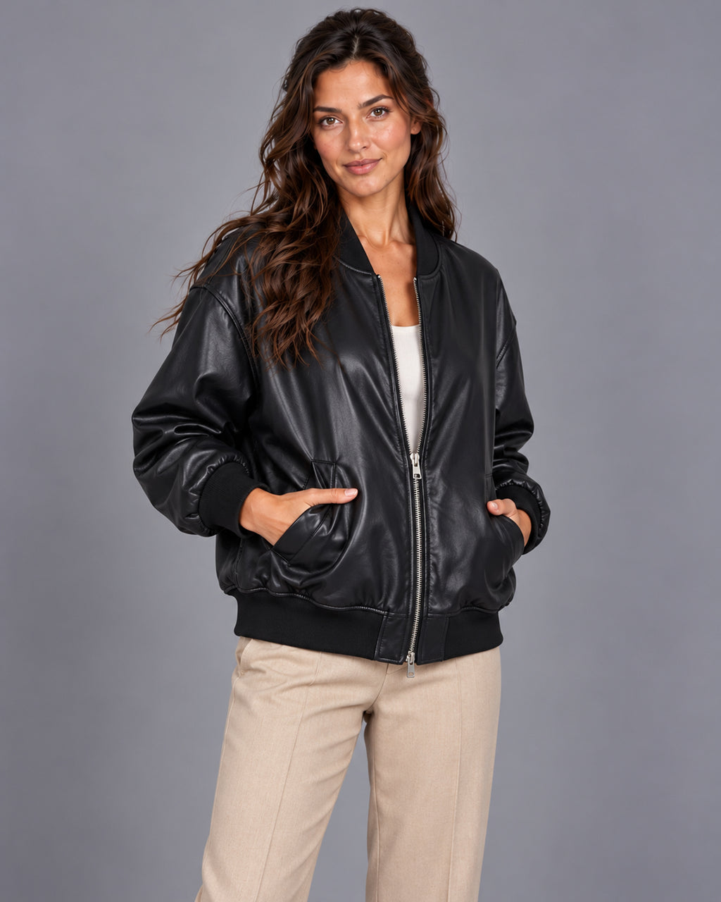 Women's leather bomber jacket with ribbed trim – Black Front