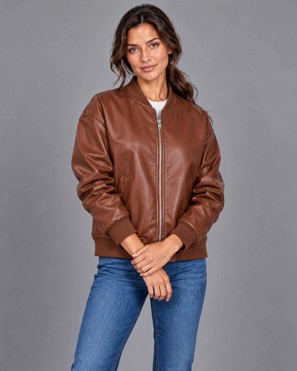 Women's leather bomber jacket with ribbed trim – Brown Closed