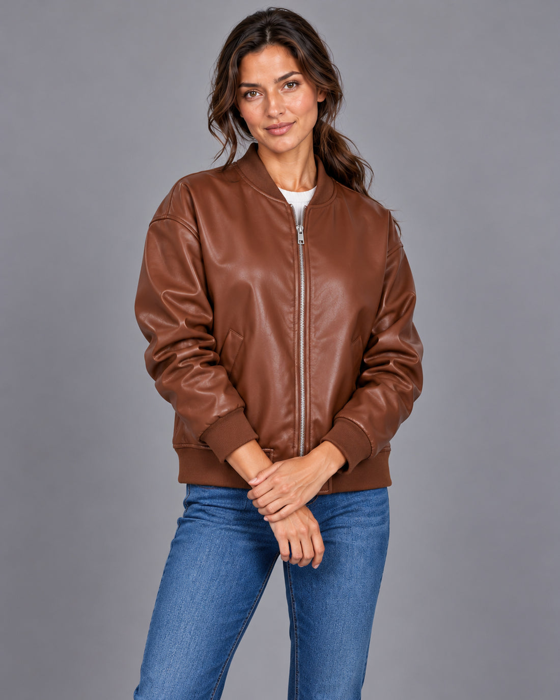 Women's leather bomber jacket with ribbed trim – Brown Closed