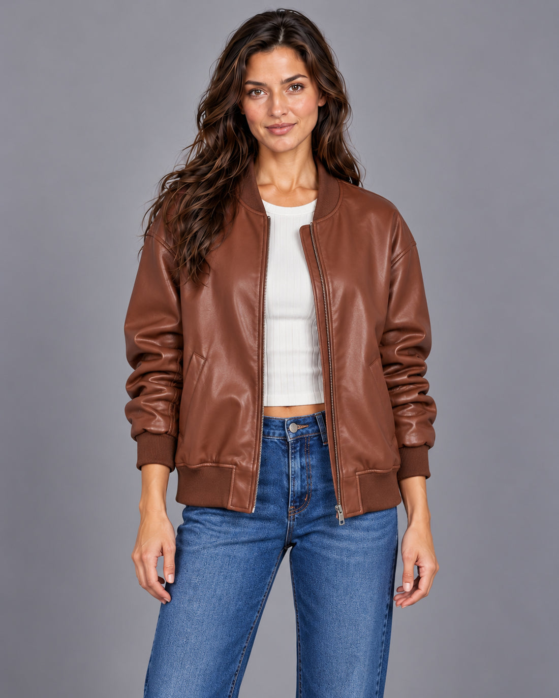 Women's leather bomber jacket with ribbed trim – Brown Front