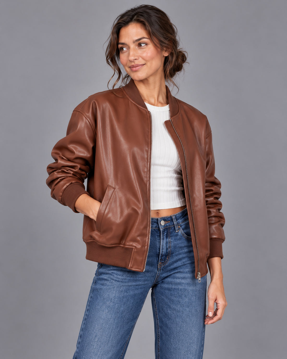 Women's leather bomber jacket with ribbed trim – Brown Pocket