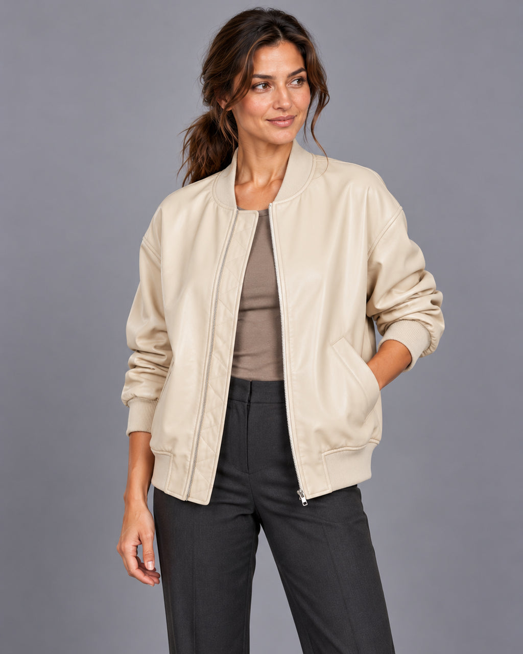Women's leather bomber jacket with ribbed trim – Cream Front