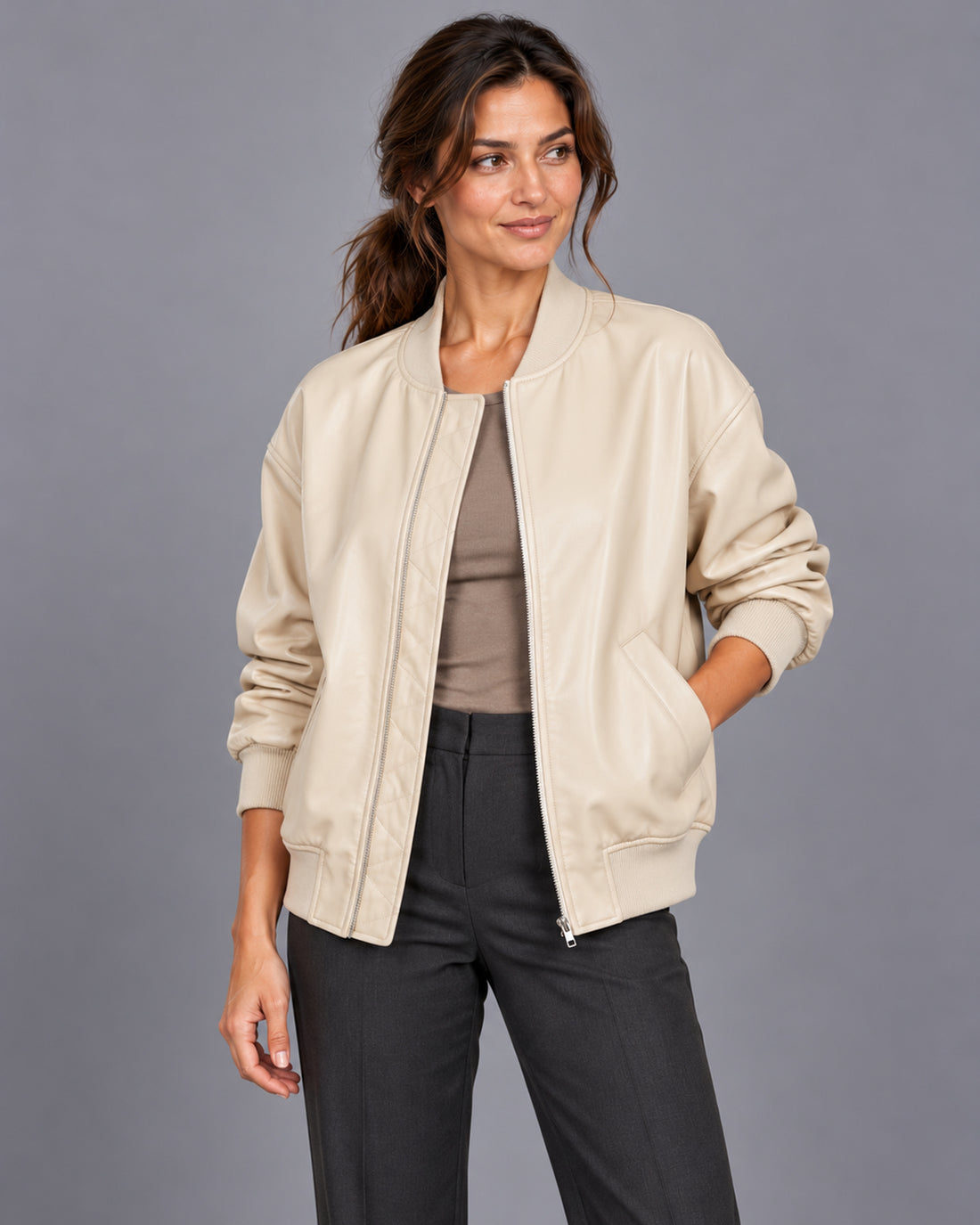 Women's leather bomber jacket with ribbed trim – Cream Front
